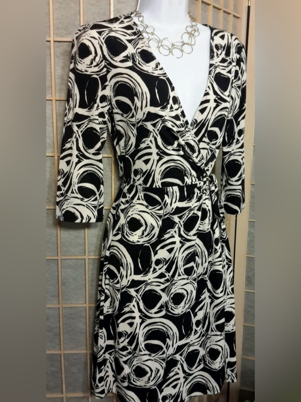 Banana Republic Black and White Wrap Midi Dress with Abstract Swirl Print